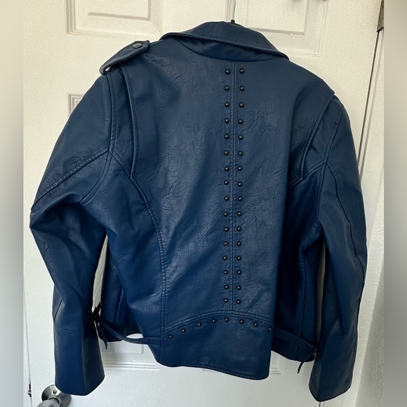 S P Y M Women’s Faux Leather Jacket, Double Zip Up, Moto Biker, Rivets- XL- Navy - Picture 8 of 14